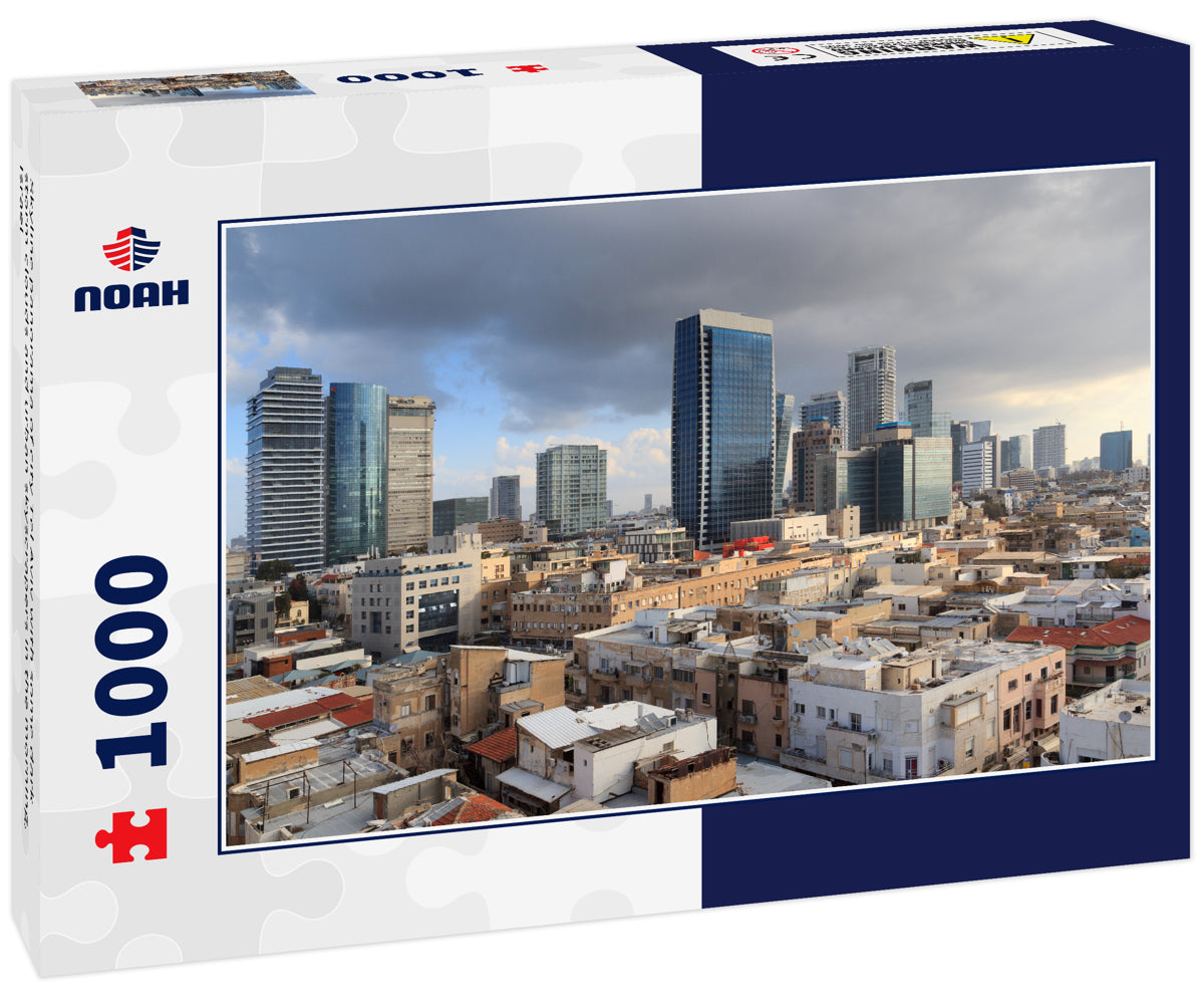 Skyline panorama of city Tel Aviv with some dark storm clouds and urban skyscrapers in the morning, Israel