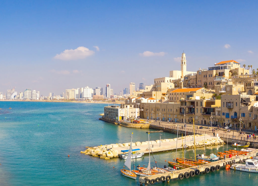 Panoramic view of The old city port of Jaffa with modern Tel Aviv skyline in the background