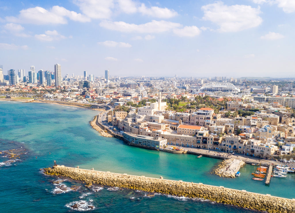 Panoramic view of The old city port of Jaffa with modern Tel Aviv skyline in the background