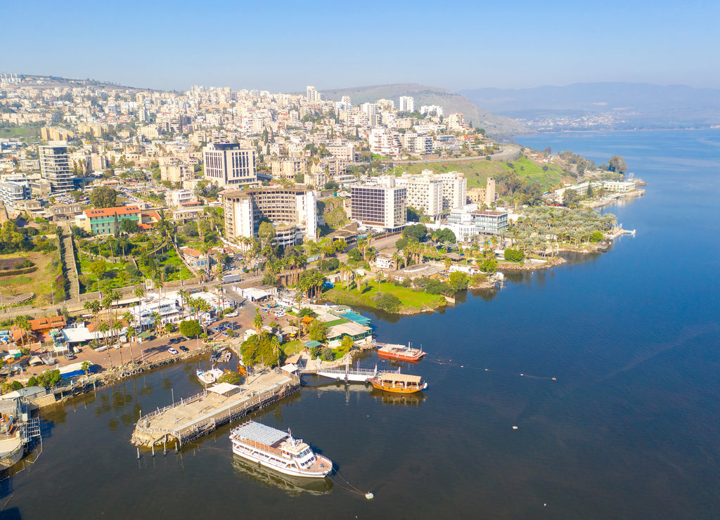 Aerial image of Tiberias, Israel. with the sea of Galilee on a clear day