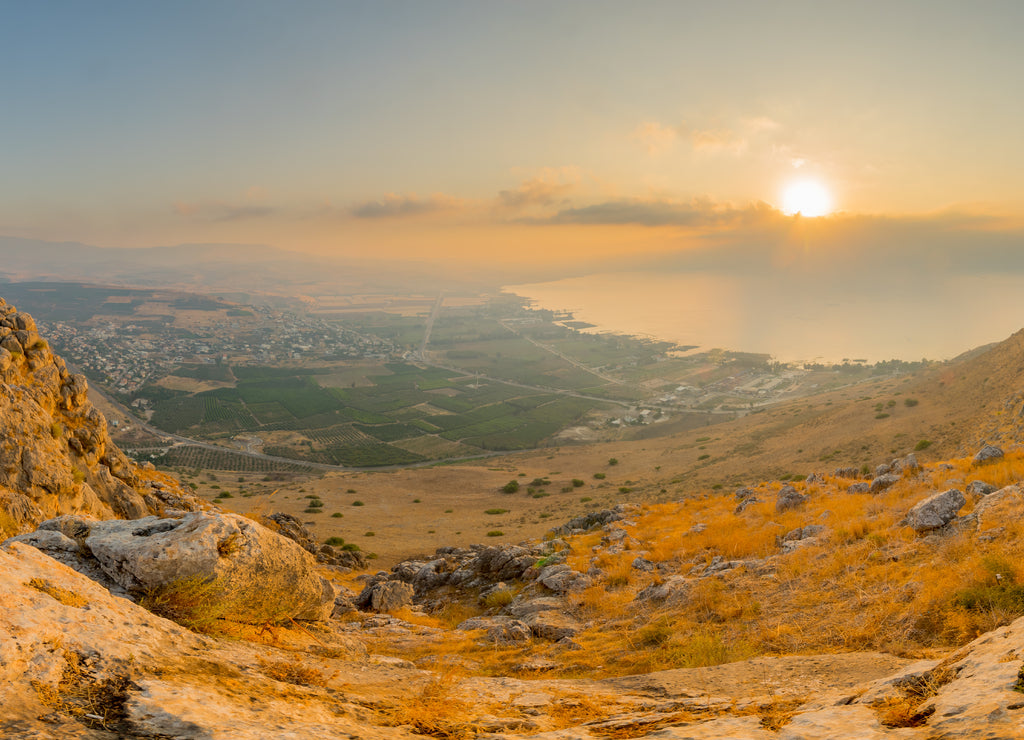Panoramic sunrise view of the Sea of Galilee from Arbel