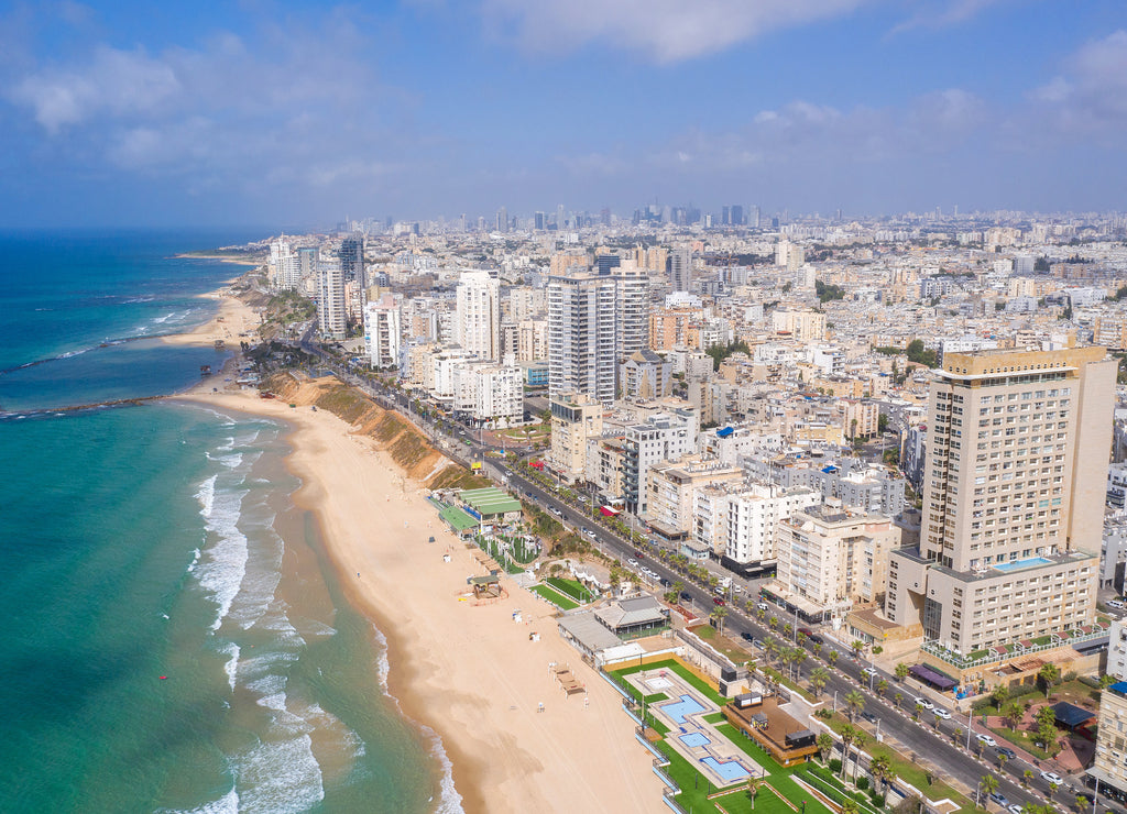 Aerial view of Bat Yam Mediterranean coastline on a beautiful day