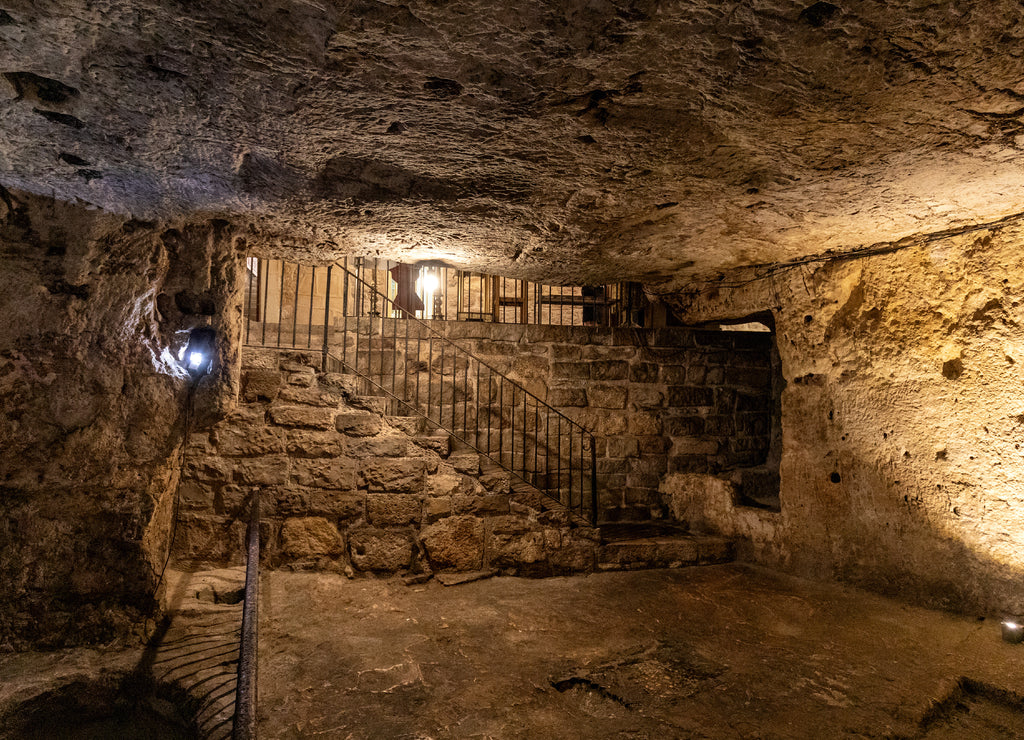 Underground Greek Orthodox Partorium Church, Prison of Christ, Thieves and Baraba prison, at Via Dolorosa street in Jerusalem Old City in Israel