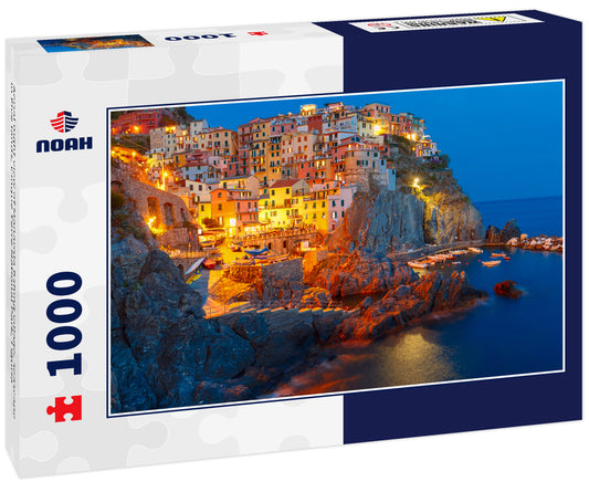 Aerial night view of Manarola fishing village, seascape in Five lands, Cinque Terre National Park, Liguria