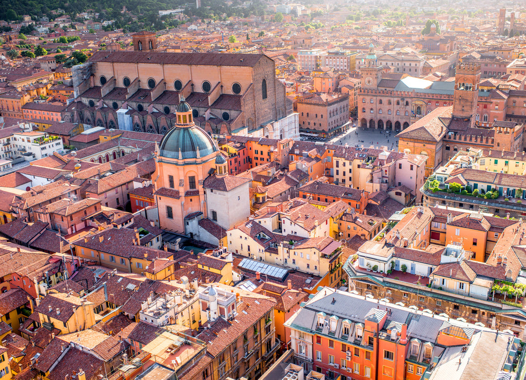 Aerial cityscape view from the tower on Bologna old town in Italy
