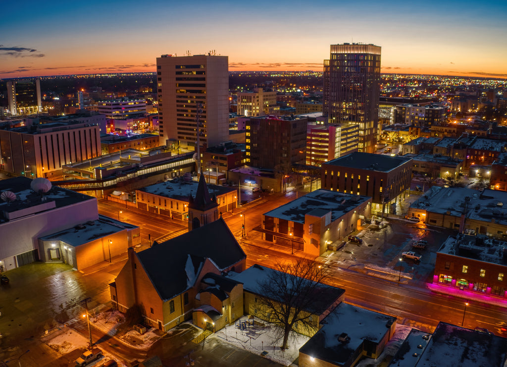 Aerial View of Fargo Skyline at Dusk, North Dakota