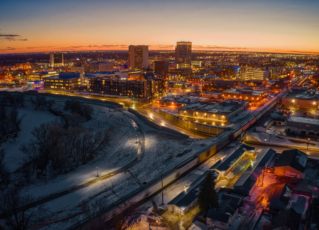Aerial View of Fargo Skyline at Dusk