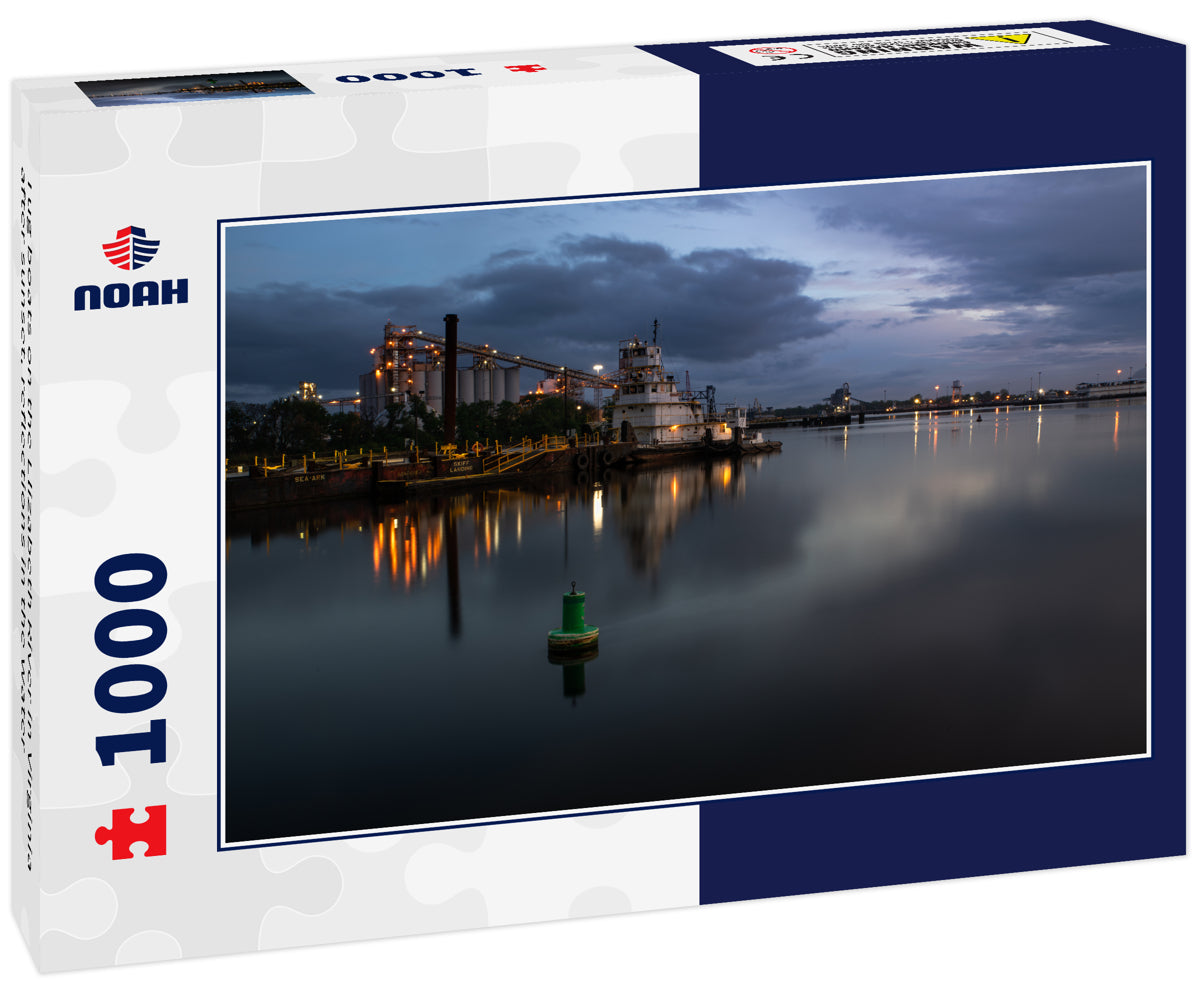 Tug boats on the Elizabeth River in Virginia after sunset, reflections in the water