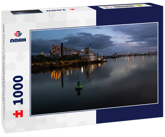 Tug boats on the Elizabeth River in Virginia after sunset, reflections in the water