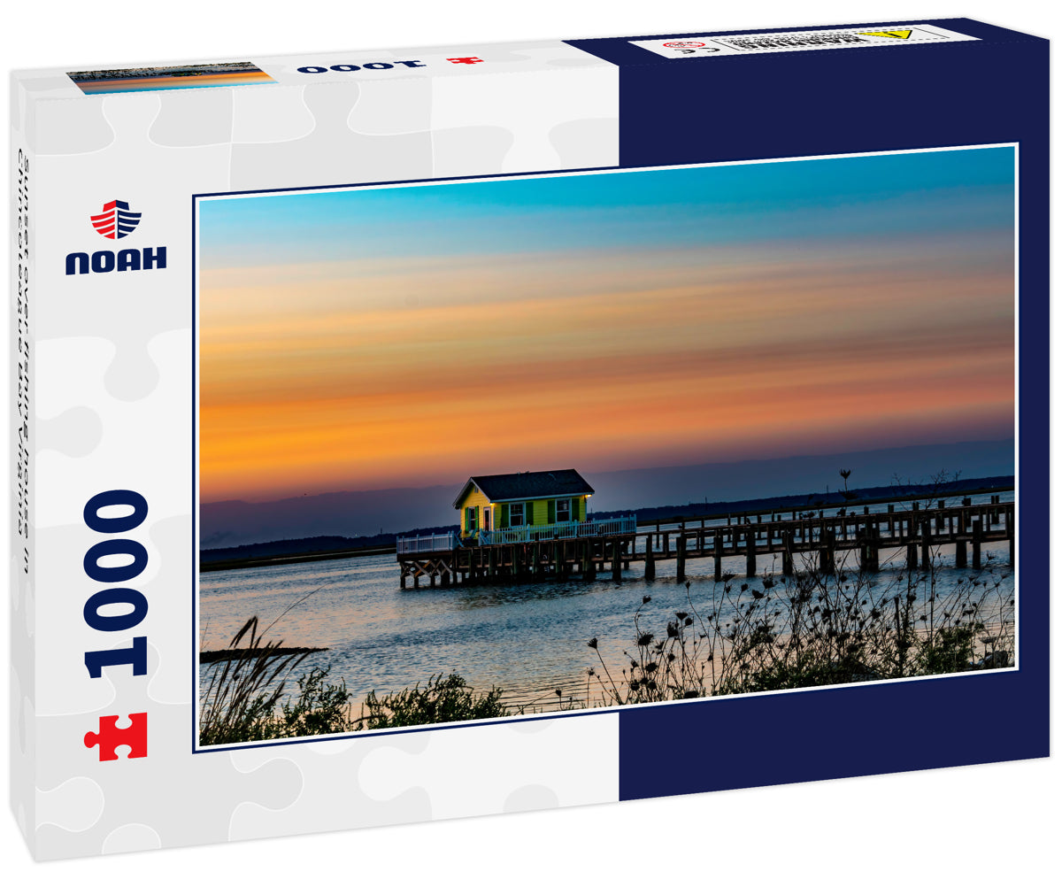 Sunset over fishing house in Chincoteague Bay Virginia
