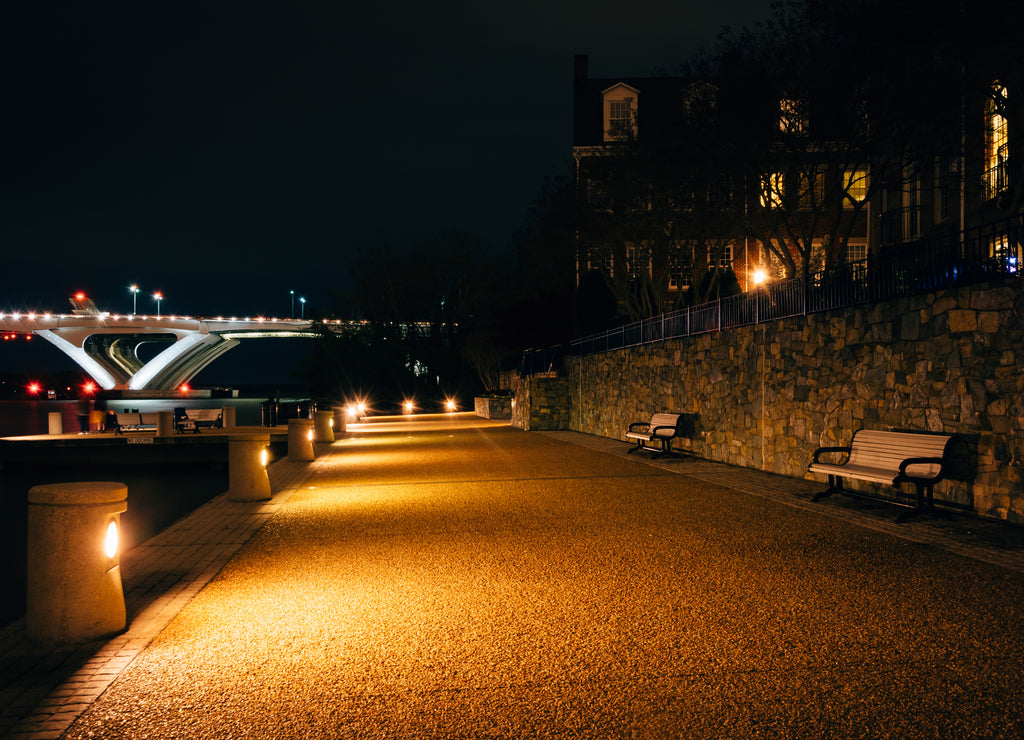 Walkway along the Potomac River at night, in Alexandria, Virginia