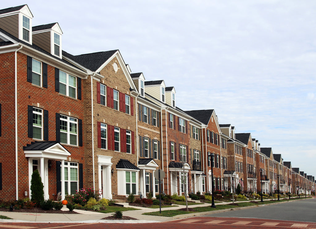 Perspective row of new townhouses, Virginia, USA