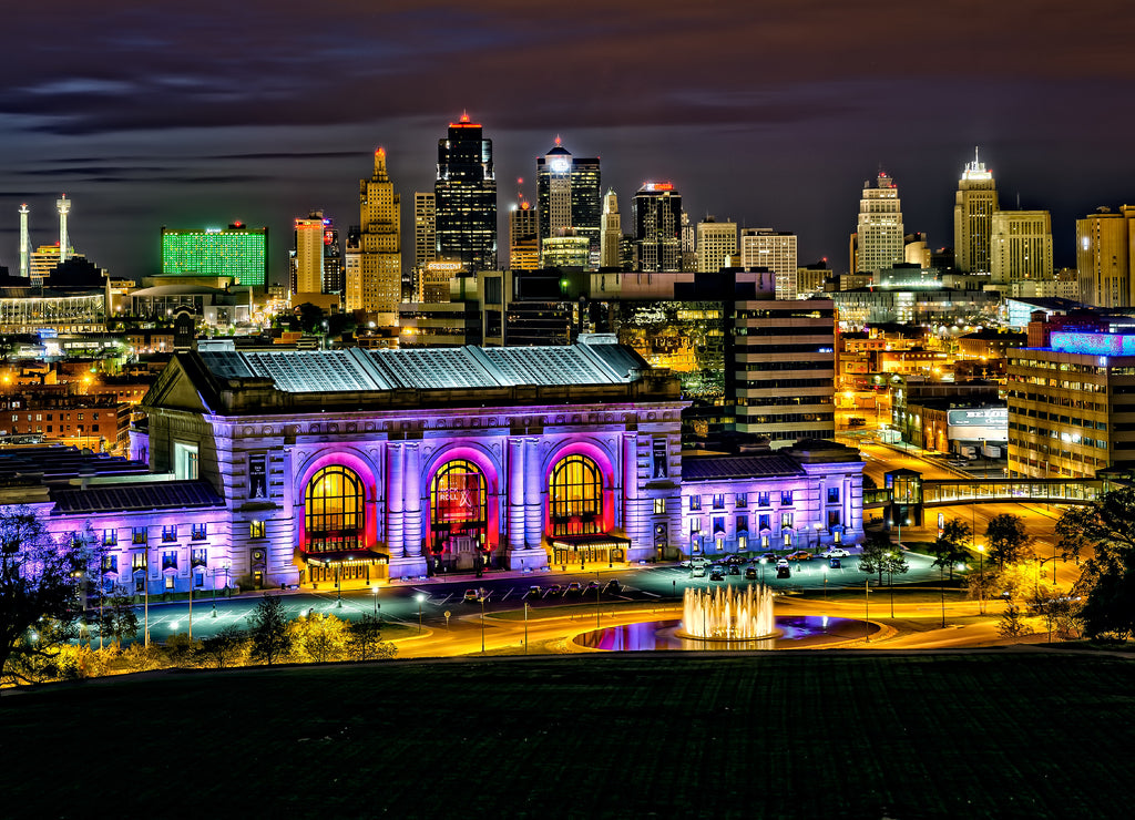 Night city skyline of Kansas City Missouri with Union Station in the foreground