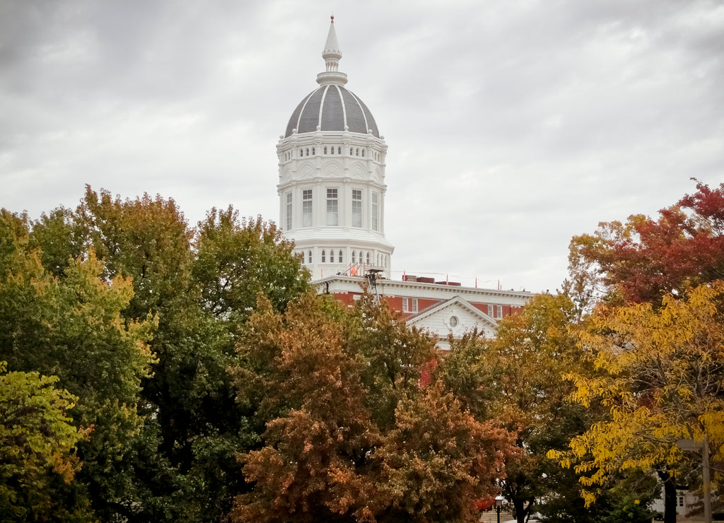 Columbia, Missouri / United States: University of Missouri Jesse Hall with Fall Leaves