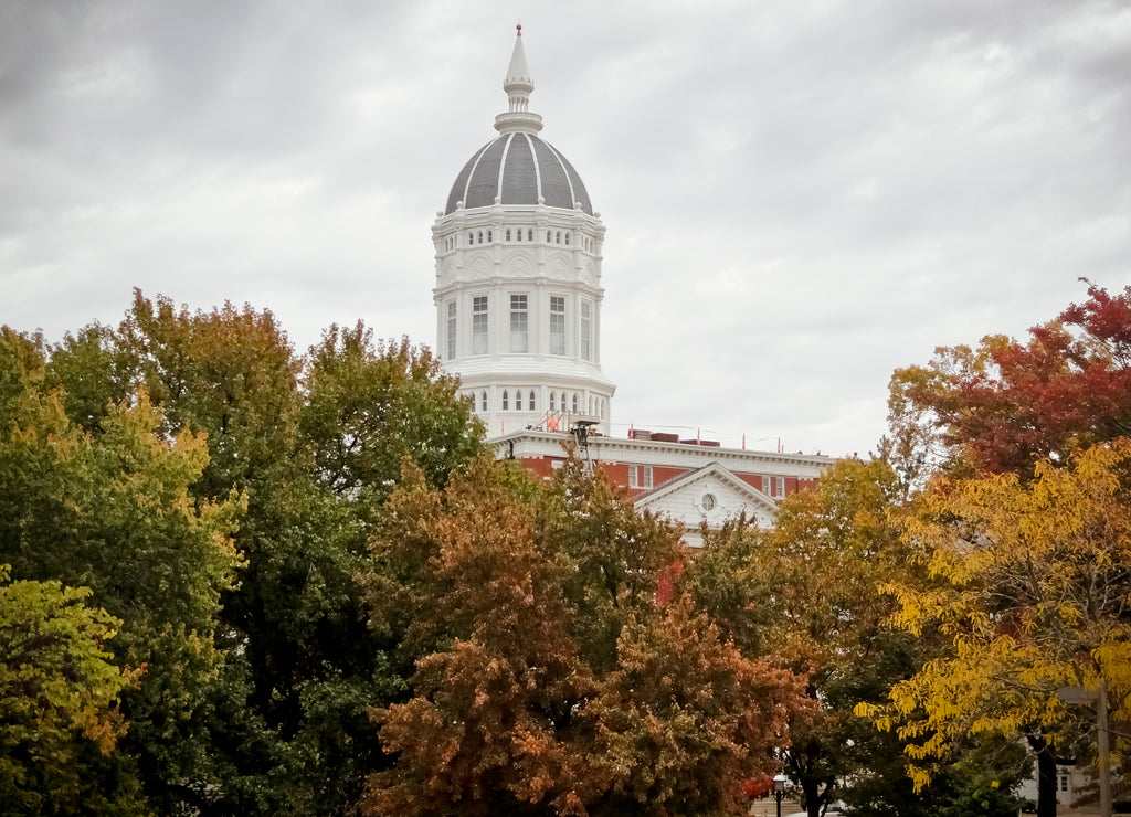 Columbia, Missouri / United States: University of Missouri Jesse Hall with Fall Leaves