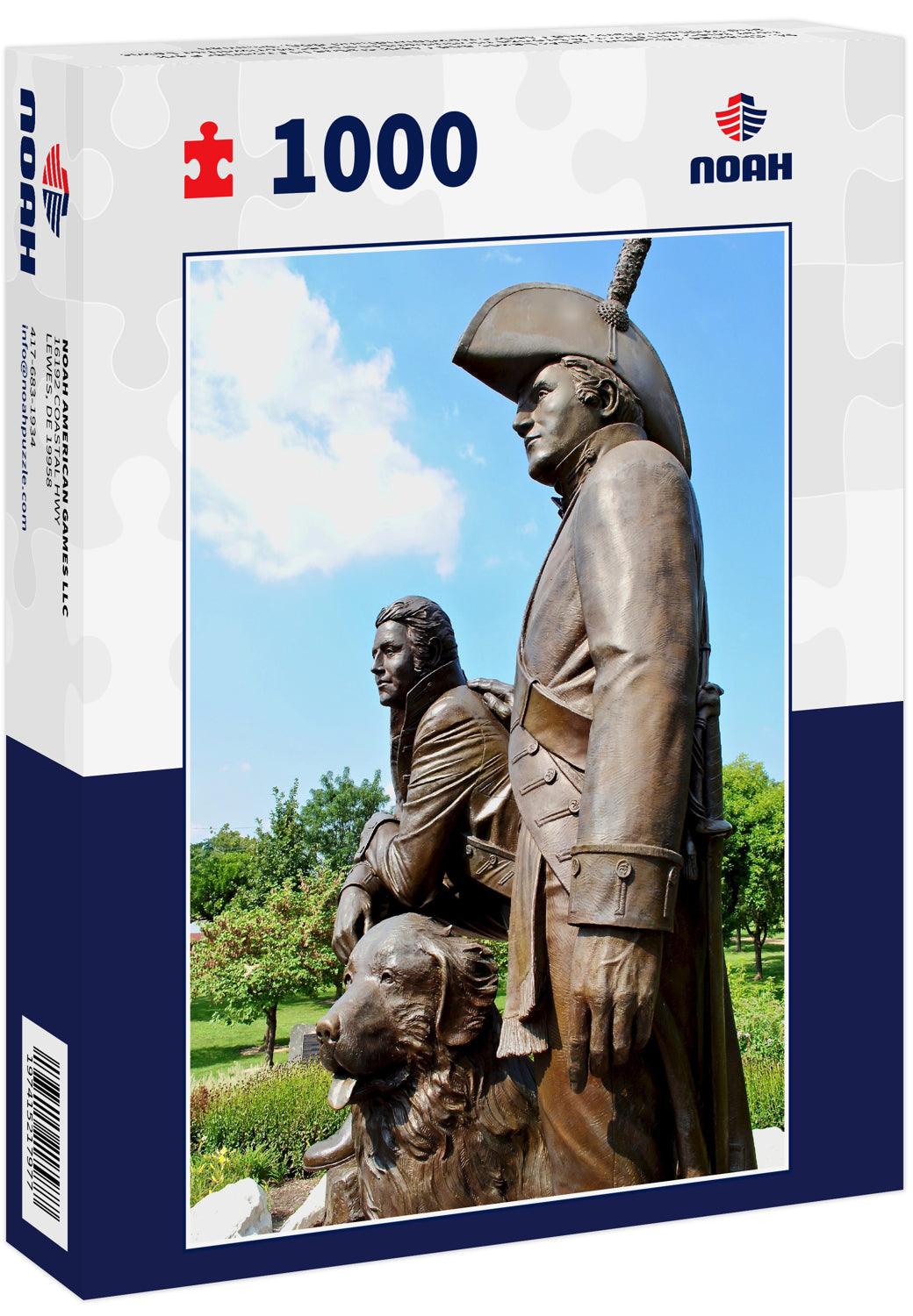 St. Charles, Missouri, USA: Lewis and Clark statue in Frontier Park near Missouri River. A bronze monument features Meriwether Lewis and William Clark and Clark's Newfoundland dog, Seaman