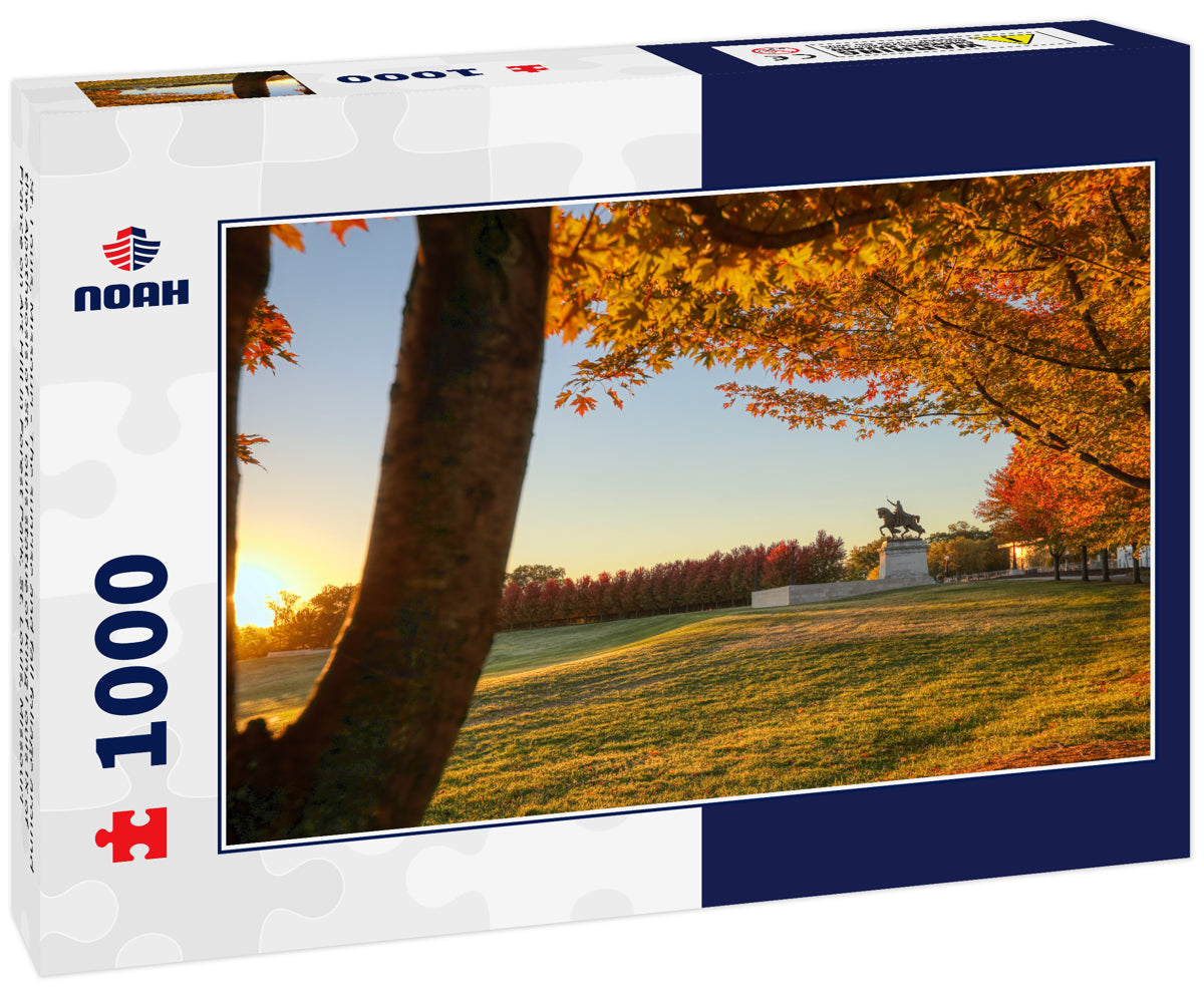 St. Louis, Missouri - The sunrise and fall foliage around the Apotheosis of St. Louis statue of King Louis IX of France on Art Hill in Forest Park, St. Louis, Missouri