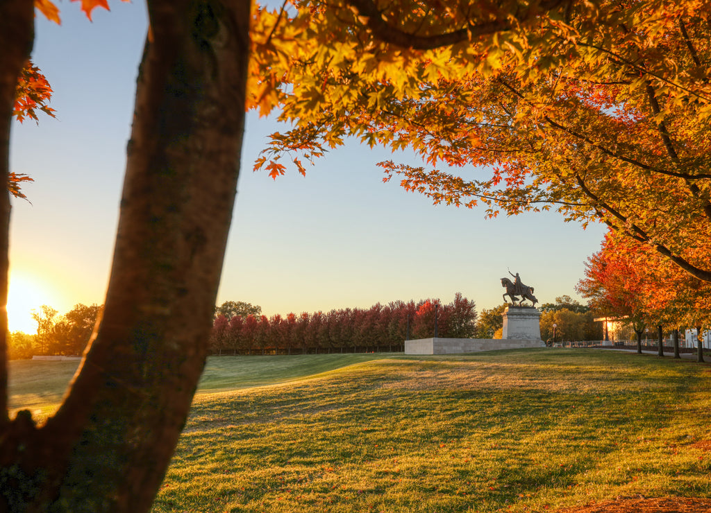 St. Louis, Missouri - The sunrise and fall foliage around the Apotheosis of St. Louis statue of King Louis IX of France on Art Hill in Forest Park, St. Louis, Missouri
