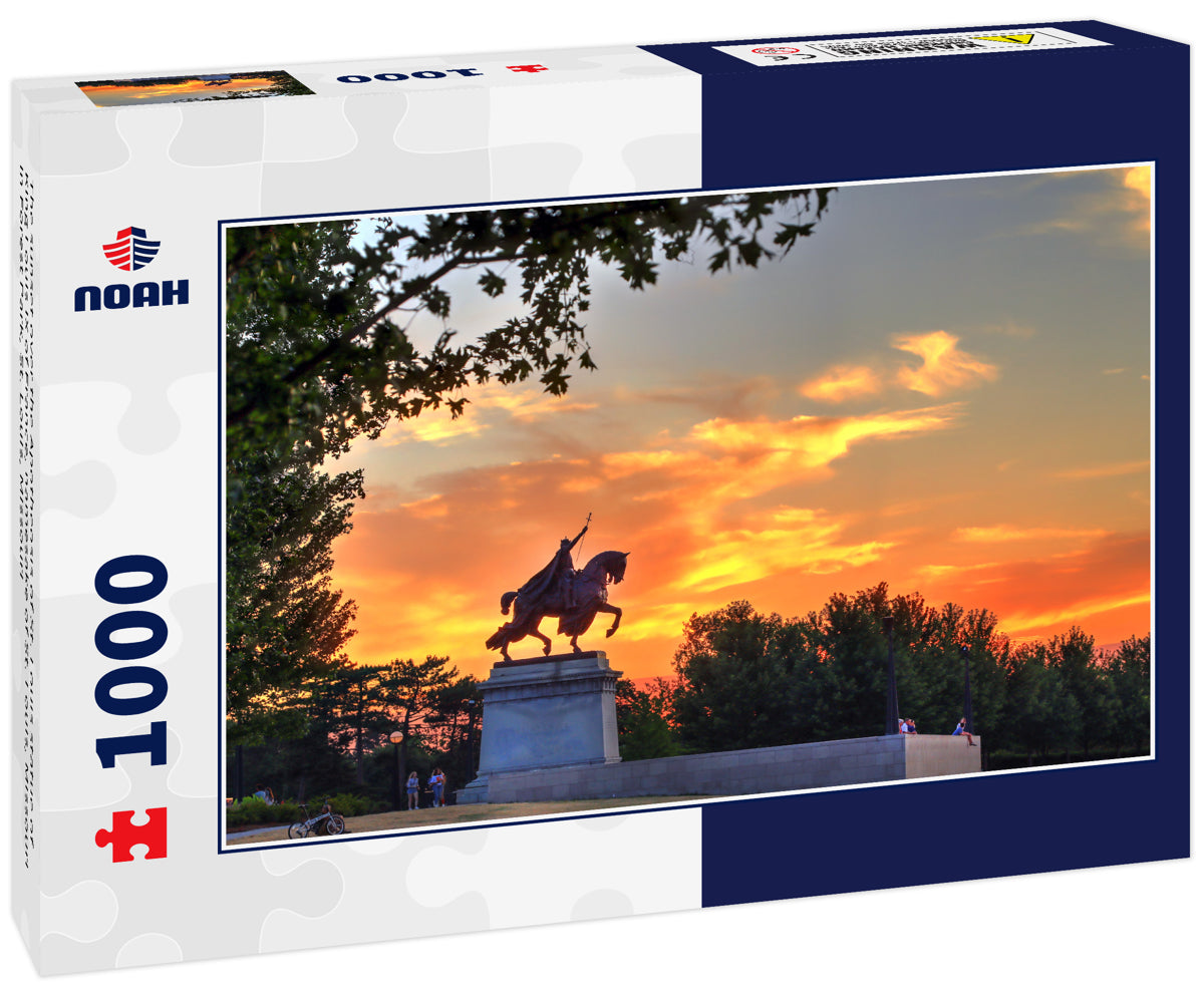 The sunset over the Apotheosis of St. Louis statue of King Louis IX of France, namesake of St. Louis, Missouri in Forest Park, St. Louis, Missouri