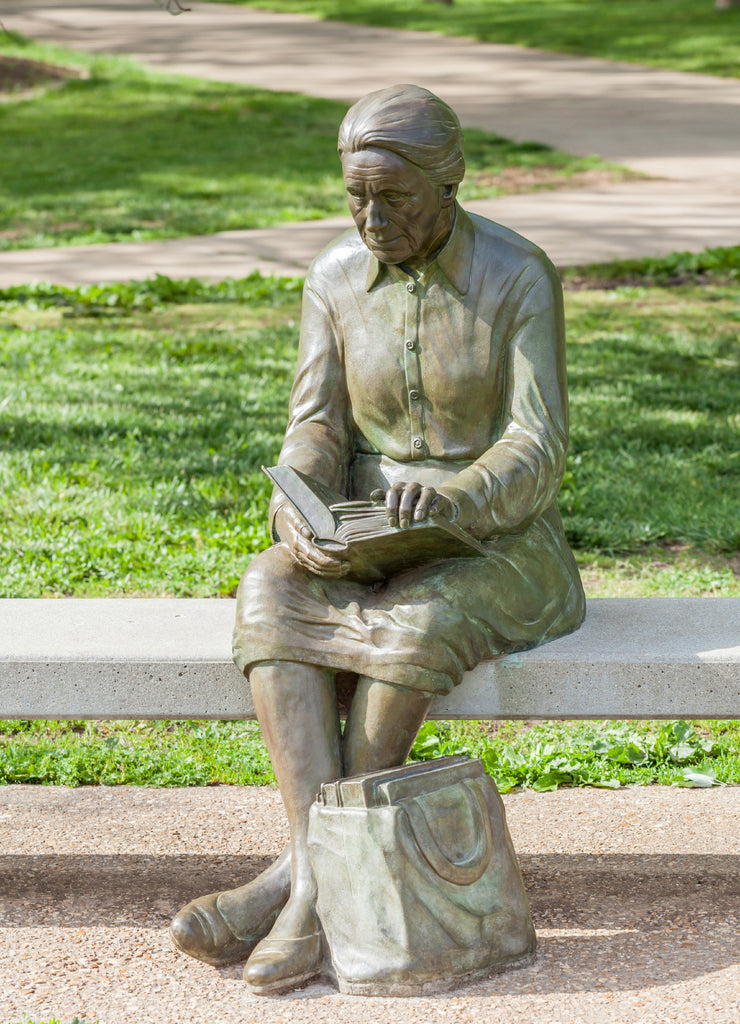 Reading woman statue in Nathanael greene park, Springfield Missouri