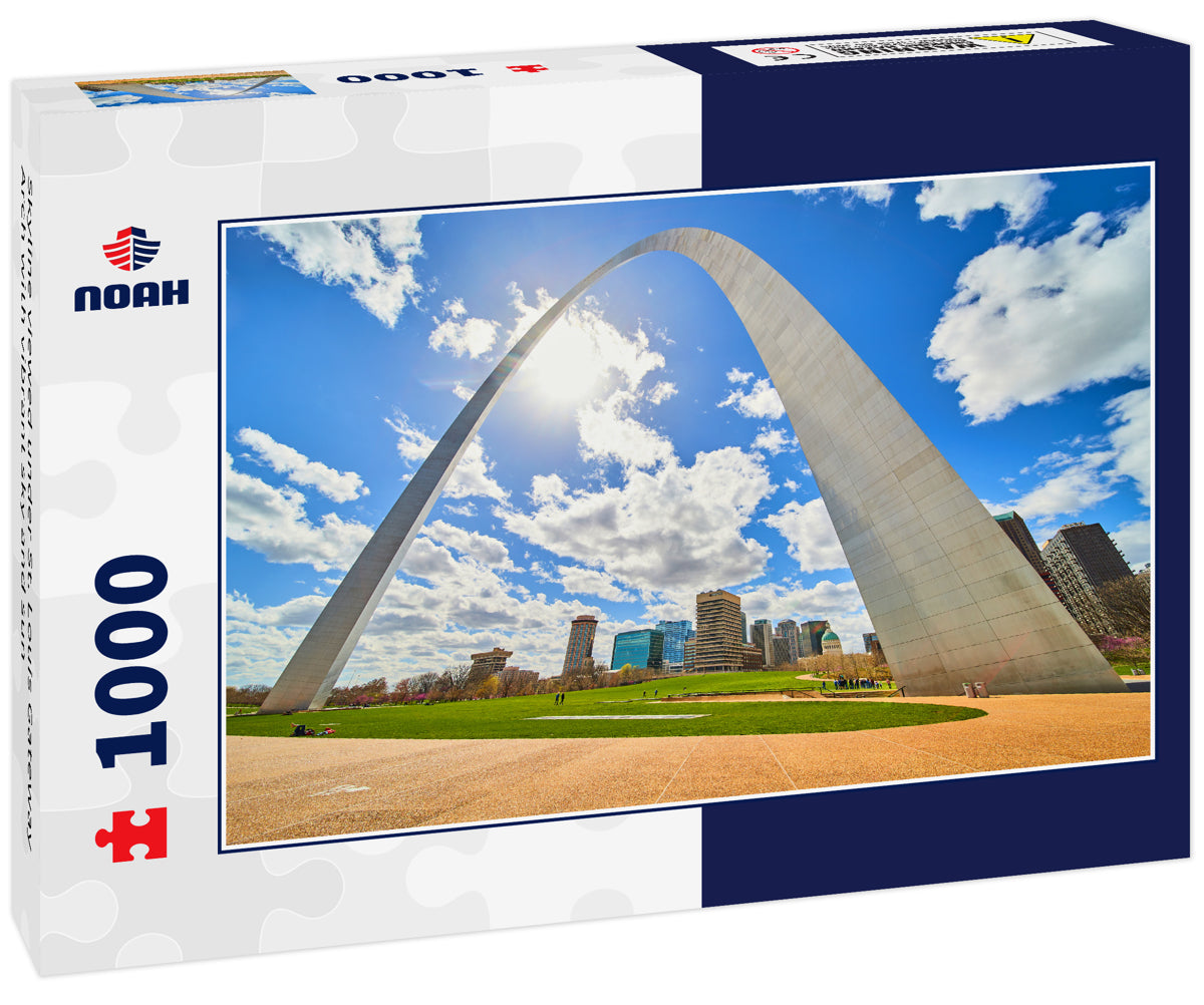 Skyline viewed under St. Louis Gateway Arch with vibrant sky and sun