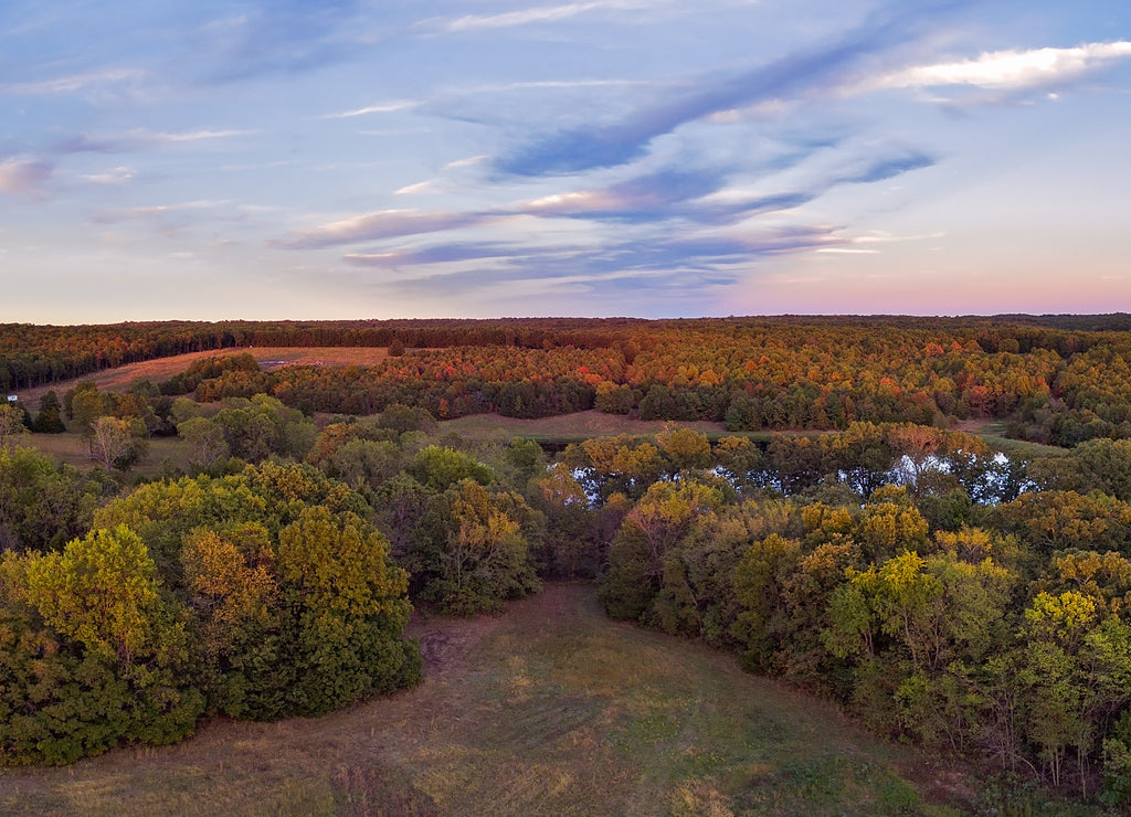 Panoramic view of Missouri fall forest close to sunset