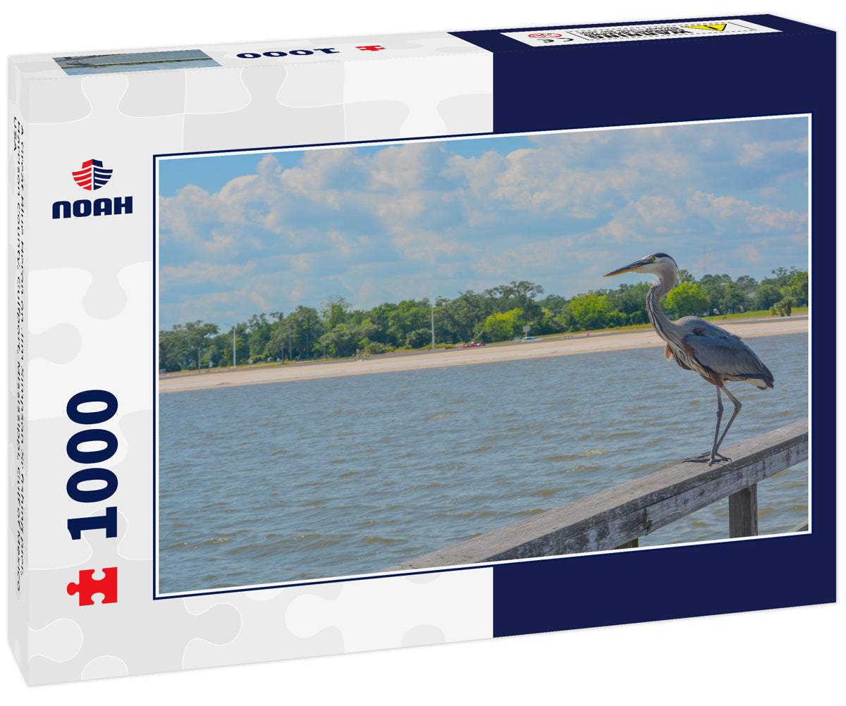 A Great Blue Heron on Jim Simpson Sr fishing pier, Harrison County, Gulfport, Mississippi, Gulf of Mexico USA