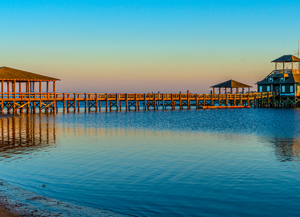 Pier plus covered picnic areas on the Gulf in Long Beach Mississippi area, late light