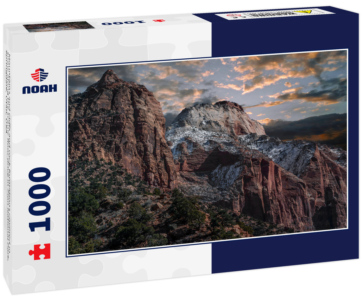 Mountains and cliffs and rock formations covered in snow along the scenic floor drive in Zion National Park, Springdale, Utah, USA