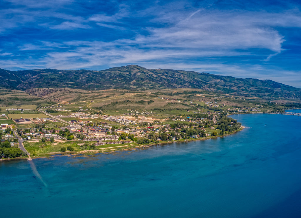 Aerial View of Garden City, Utah on the shore of Bear Lake