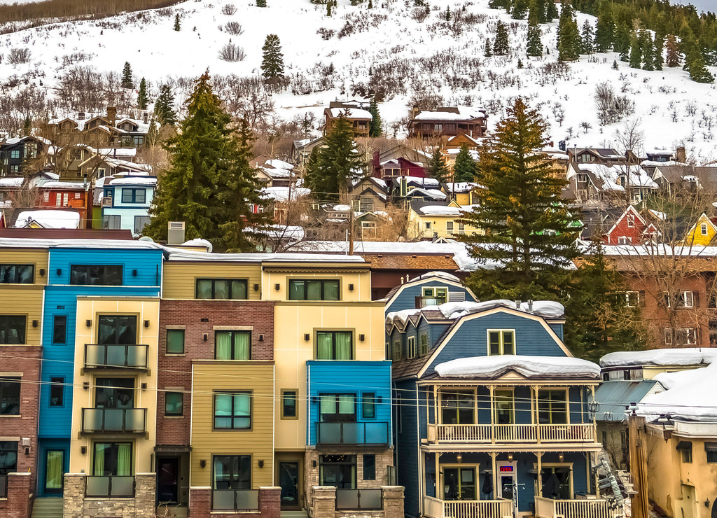 Panorama Winter in Park City Utah with luxury buildings and houses on a snowy mountain