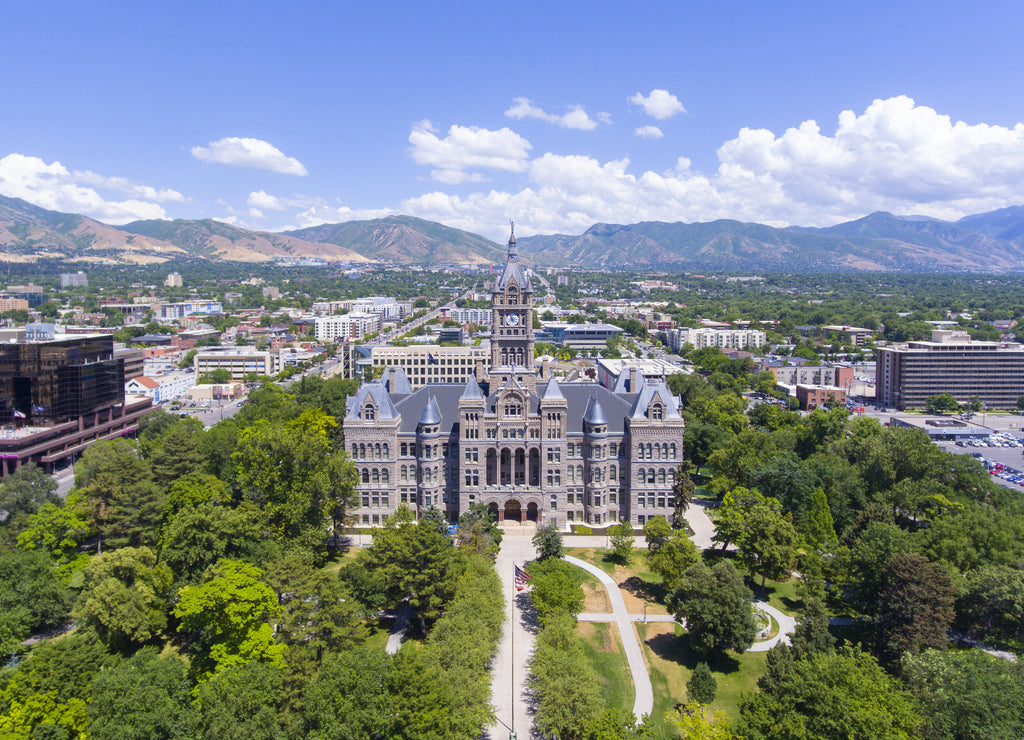 Aerial view of Salt Lake City and County Building in Salt Lake City, Utah, USA