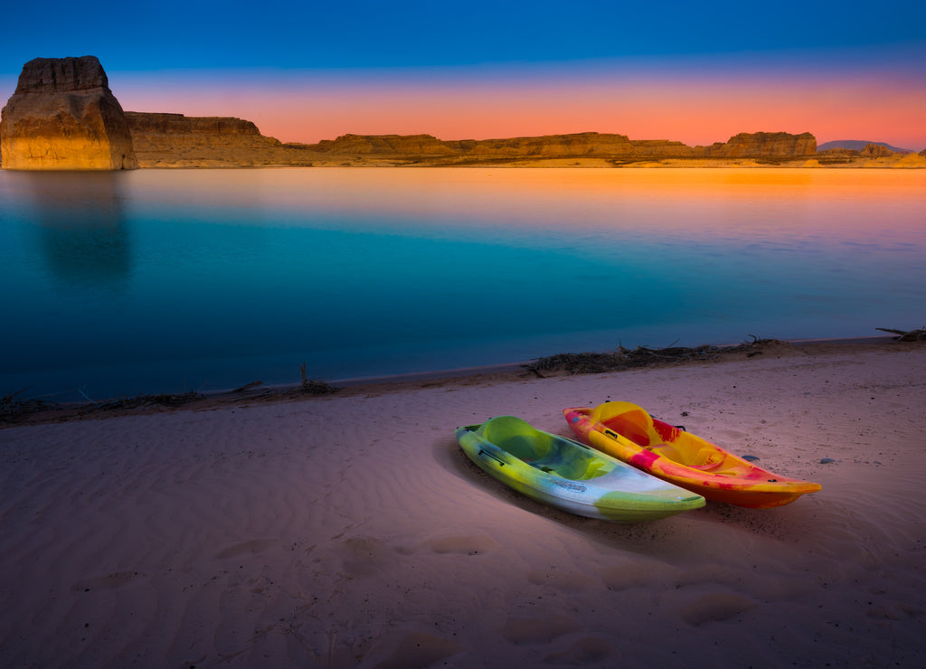 Kayaking Lake Powell Lone Rock at Sunset Utah USA