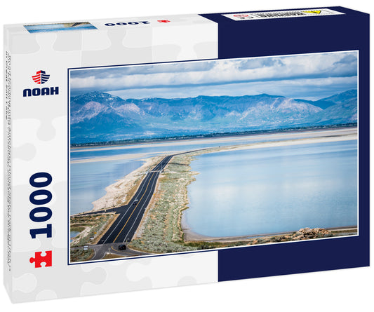 Road leading into Antelope Island State Park in Utah is on a barrier island causeway, crossing the Bridger Bay in Great Salt Lake