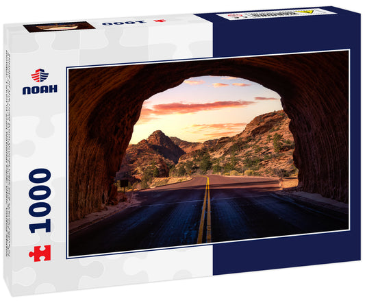 Middle of the road from tunnel view of a scenic route in American Canyons Mountain Landscape. Sunset Sky Art Render. Taken in Zion National Park, Utah, United States