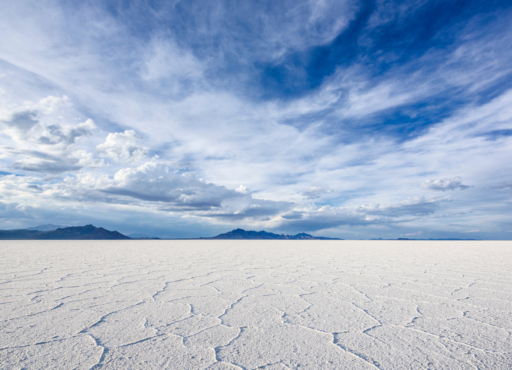 Wide Angle Closeup of White Salt Flats during sunset near Salt Lake City, Utah