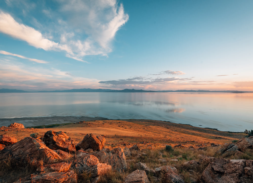 View of the Great Salt Lake at sunset, at Antelope Island State Park, Utah