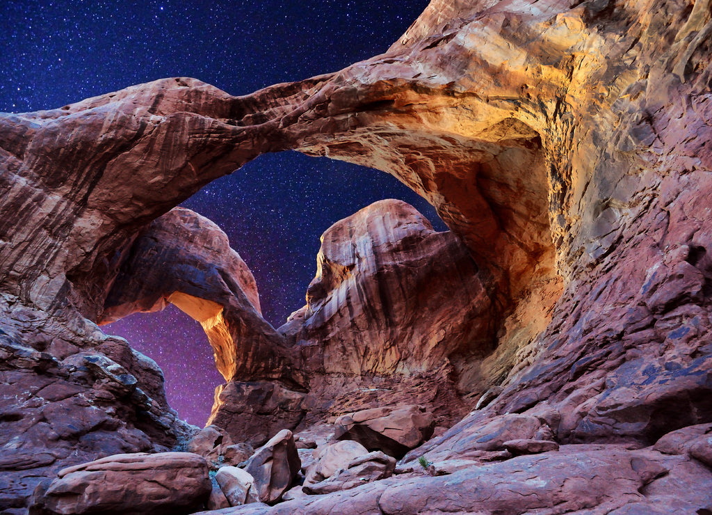 A night shot of Double Arch, Arches National Park, Utah