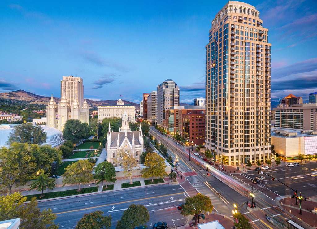 Salt Lake City, Utah, USA downtown cityscape over Temple Square