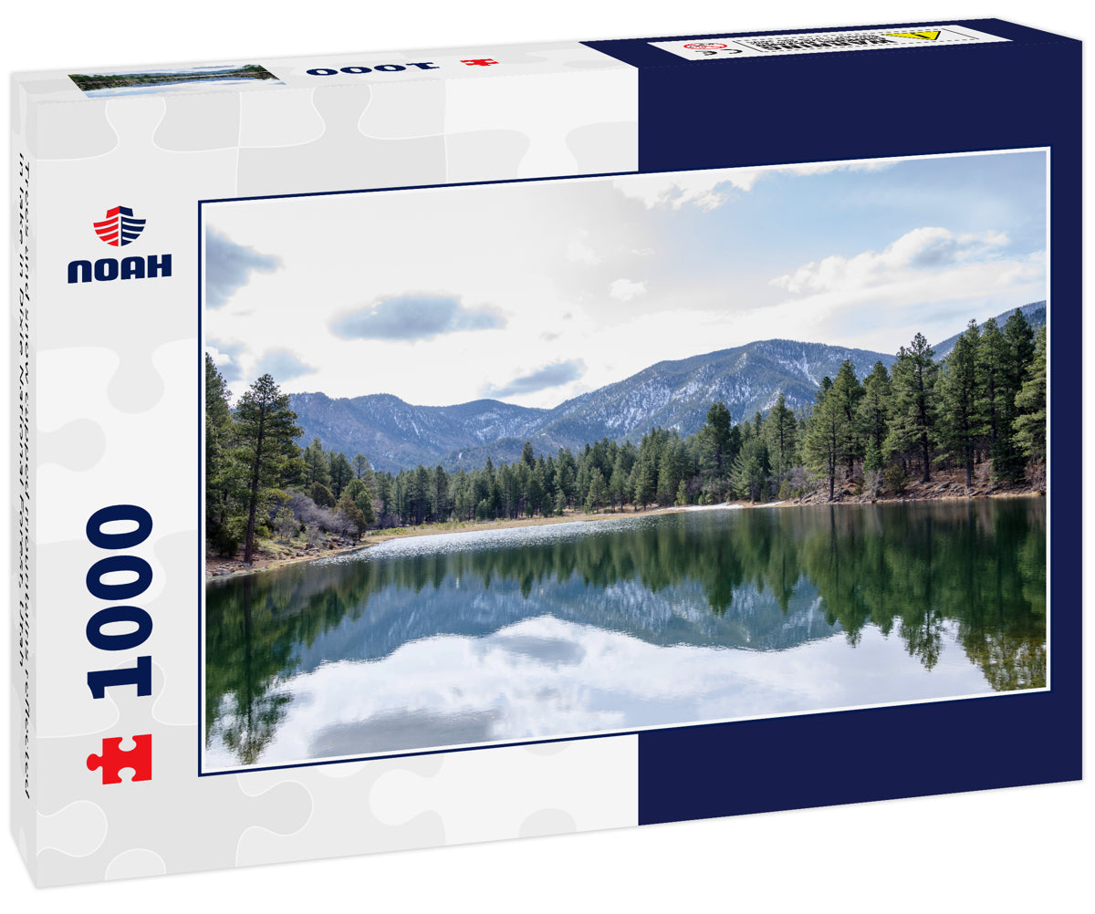 Trees and snow capped mountains reflected in lake in Dixie National Forest, Utah