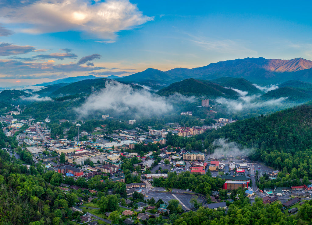 Gatlinburg, Tennessee, USA Downtown Skyline Aerial Panorama