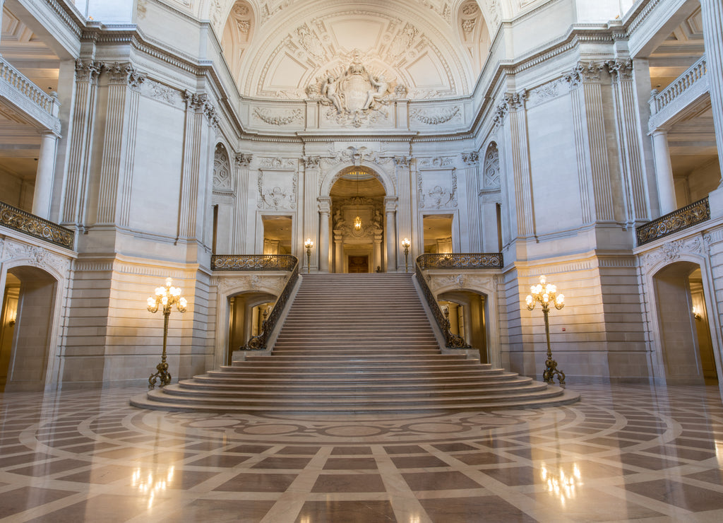 San Francisco City Hall Interiors. The Rotunda Facing the Grand Staircase and the Tennessee Pink Marble