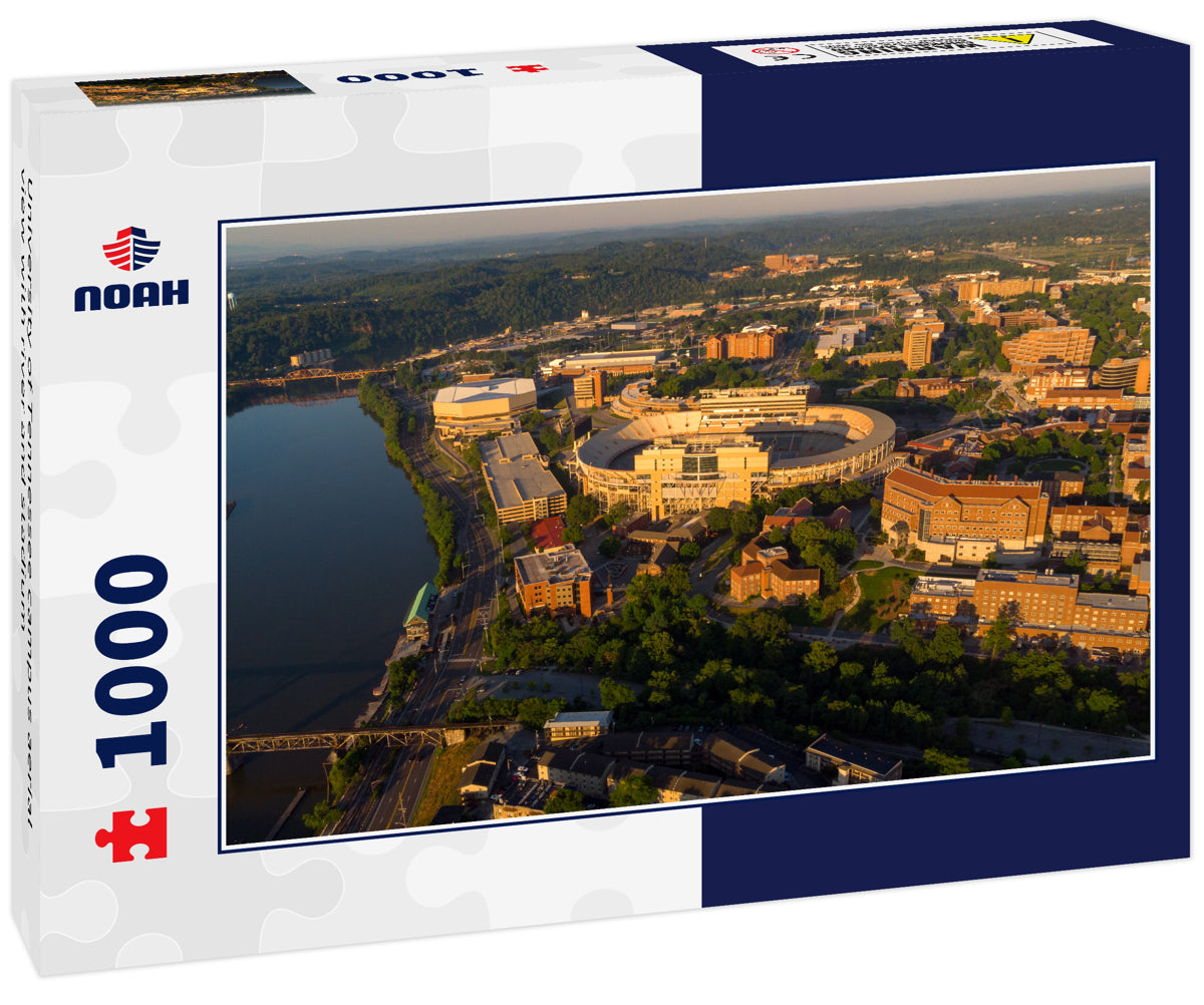 University of Tennessee campus aerial view with river and stadium