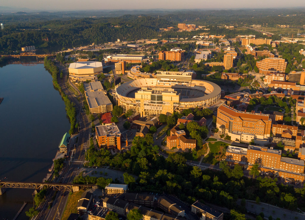 University of Tennessee campus aerial view with river and stadium