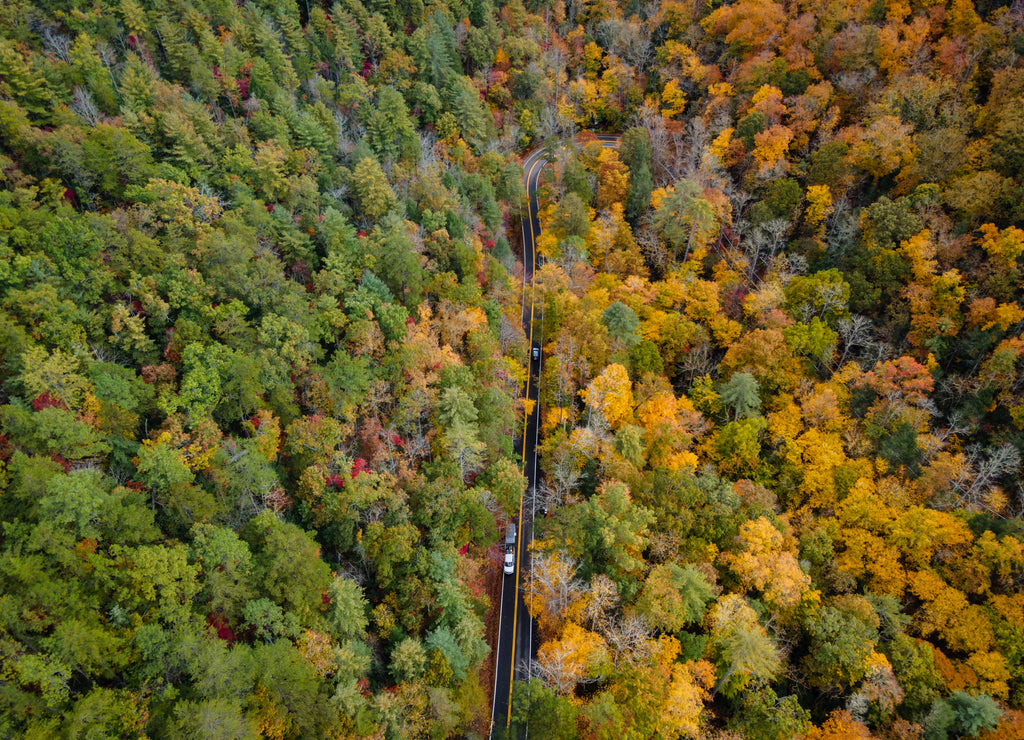 Aerial View of the Tail of the Dragon road near the Tennessee and North Carolina border in the Smoky Mountains in the Fall