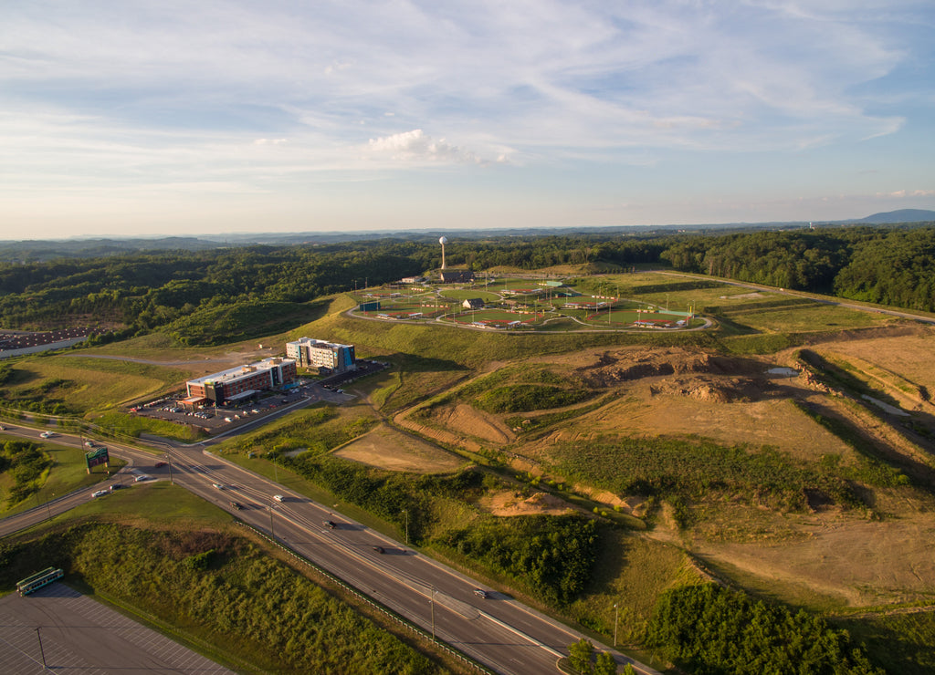 A drone, aerial view of a construction site and local baseball and softball park in the tourist city of Pigeon Forge Tennessee