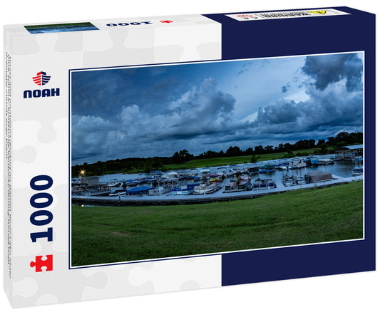 Boats and pontoons docked on Barren River Lake State Park Marina, Scottsville Kentucky during sunset with dramatic clouds over them