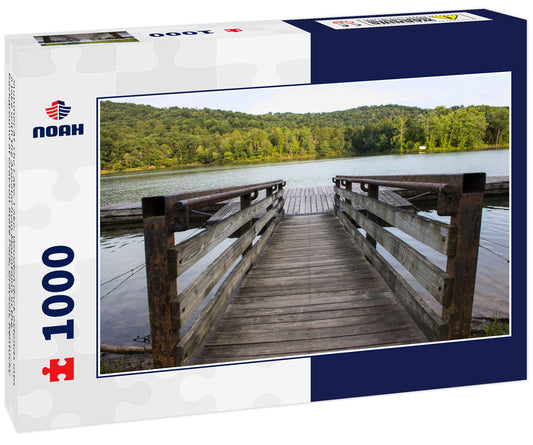 Summer At The Lake. Lake. Wooden dock extends into a lake with the Appalachian Mountains in the background at Grayson State Park, Grayson, Kentucky
