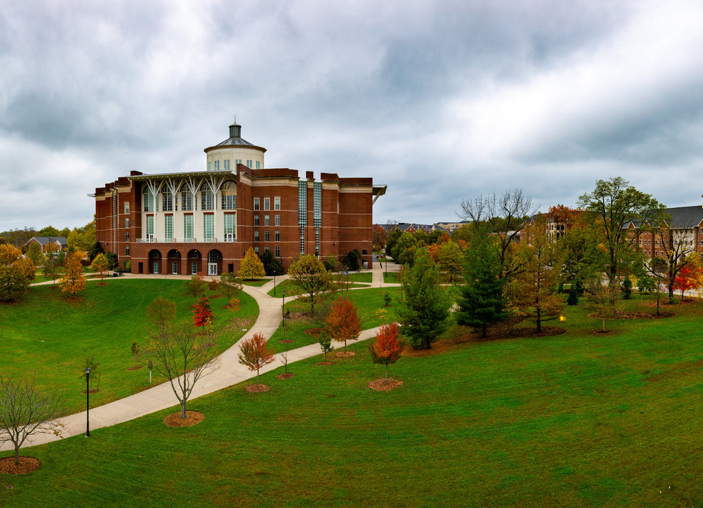 Panorama of an autumn, colorful lawn surrounded by buildings in downtown Lexington, Kentucky