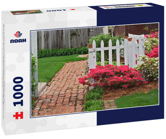 Brick sidewalk, picket fence, and azaleas, Audubon Park neighborhood, Louisville, Kentucky